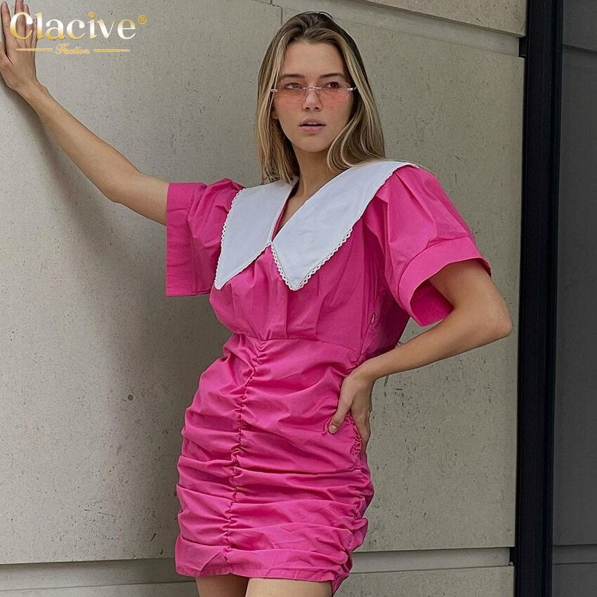 Clacive Bodycon Pink Doll Collar Women'S Summer Dress Fashion Short Sleeve Ruched Mini Dresses Elegant Chic Office Female Dress