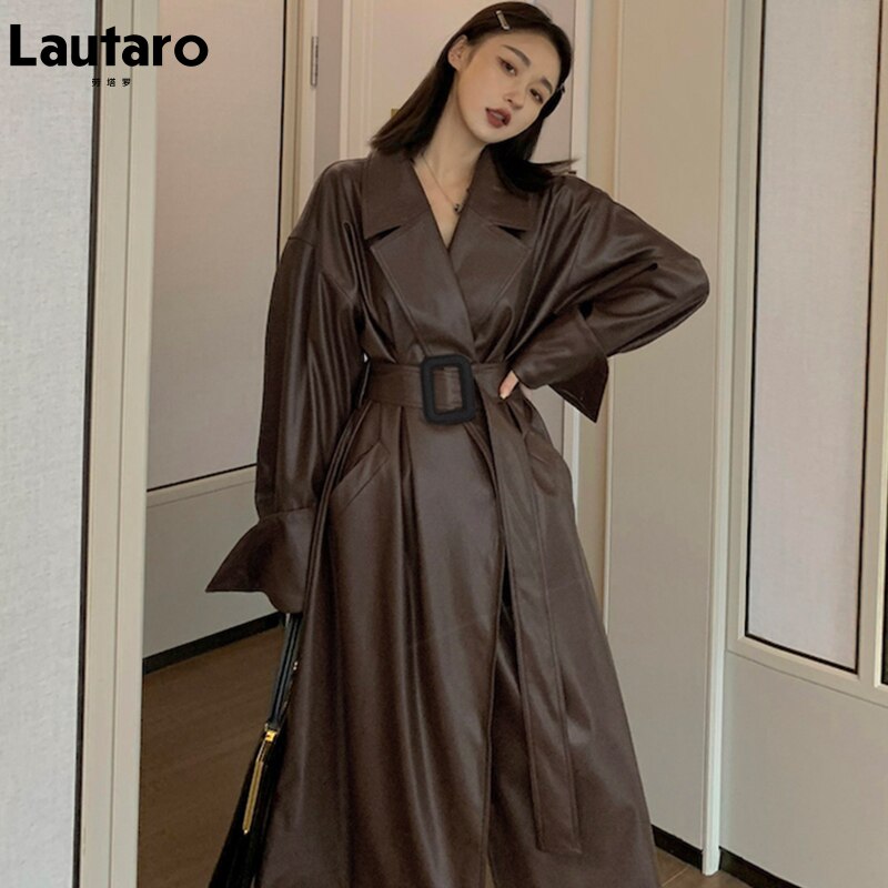 Clacive  Long Oversized Leather Trench Coat For Women Long Sleeve Lapel Loose Fit Fall Stylish Black Women Clothing Streetwear