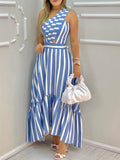 Clacive elegant One Shoulder Striped Print Cutout Casual Dress Women Sleeveless Summer Maxi Dress
