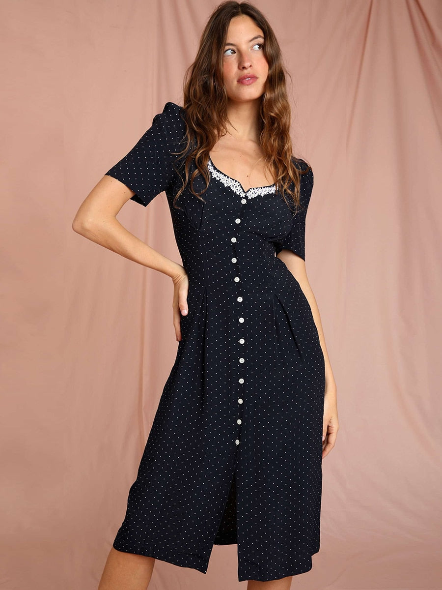 Clacive Polka Dot Print Midi Dress Woman Elegant Embroidery Short Sleeve V-Neck Vestidos  Summer Femme Vintage Casual Long Robes