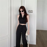 Clacive High Street Fashion Striped Pants Sets Women Halter Neck Backless Sleeveless Tops Two Piece Suit Woman Summer New