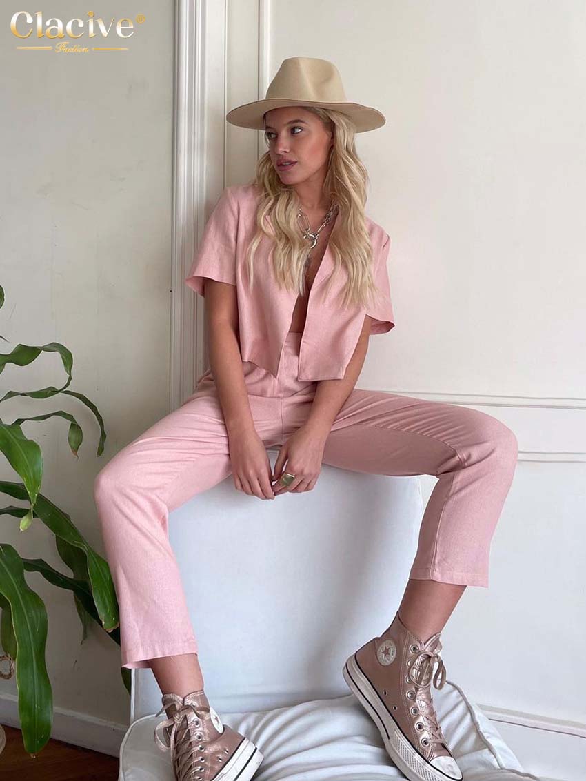 Clacive Summer Short Sleeve Shirts Set Woman 2 Pieces Fashion Slim High Waist Trouser Suits Female Elegant Office Pink Pants Set