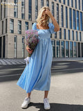 Clacive Casual Square Collar Blue Summer Dress Fashion Short Sleeve Office Midi Dress Elegant Pleated Dresses For Women