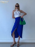 Clacive Summer Blue Office Women'S Skirt  Elegant Slim High Waisted Midi Skirts Ladies Fashion Slit Ruched Long Skirts