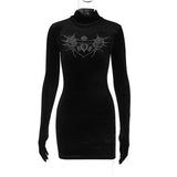 Fall outfits Woman Outfits 2023 Autumn Black Long Sleeve Gloves Rhinestone Half High Collar Bodycon Package Hip Mini Party Night Club Dresses