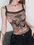Women Butterfly Print Tank Tops Gothic Sleeveless Square Neck Vests Sexy Lace Trim Top Y2K Aesthetic Clothes Summer New Shirt