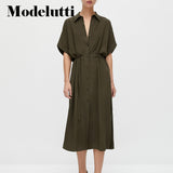 Clacive   New Summer Fashion Short Sleeve Lapel Shirt Long Dresses Belt Women Solid Color Simple Elegant Casual Female