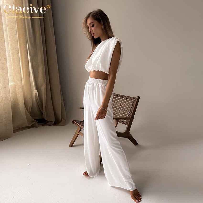 Clacive Sexy Sleeveless Crop Top Set Woman 2 Pieces Summer Fashion High Waist Wide Trouser Suits Female Casual White Pants Set