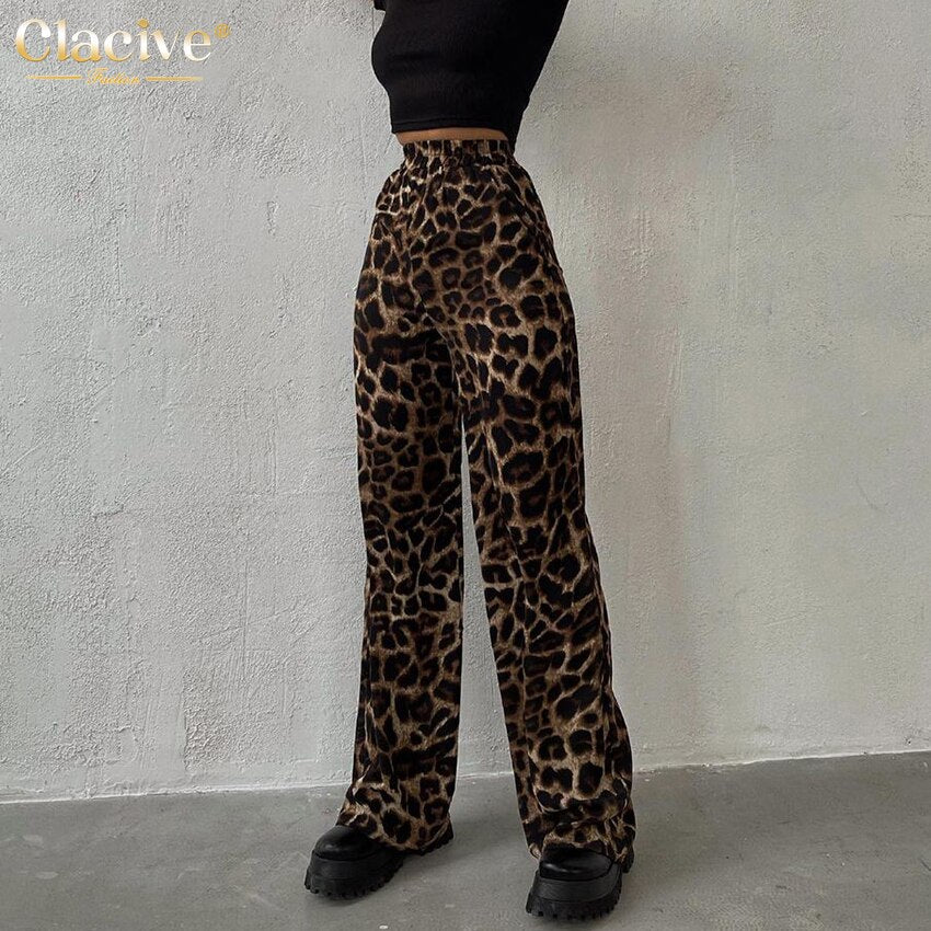 Clacive Fashion Leopard Print Trousers Lady Elegant Loose High Waist Pants Streetwear Full Length Straight Pants For Women