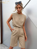 Clacive Fashion Sleeveless Crop Top Two Piece Set Women Summer High Waist Shorts Set Female Elegant Loose Brown Suit With Shorts