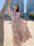 Clacive Tie-Dyed Backless Dress Women Summer Beach Bohemian Halter V-Collar Long Sundress Woman 2 New Holiday Boho Dresses