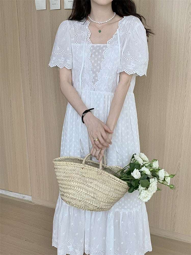 Clacive  White Lace Long Dress Fashionable Embroidery Square Collar  New Design Elegant Office Lady Dresses Summer Maxi Vestidos