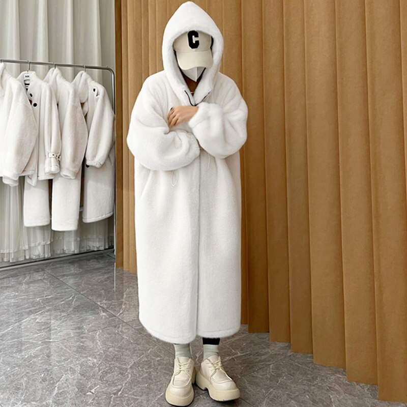 Clacive  Winter Long Oversized Warm Thick Blue White Fluffy Faux Fur Coat Women With Hood  Loose Casual Korean Style Fashion