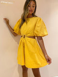 Clacive Casual Yellow Summer Dress Lady Elegant O-Neck Puff Sleeve Mini Dress Fashion Patchwork Backless Dresses For Women