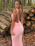 Clacive barbie outfites elegant Backless Ruched Maxi Dress for Women Club Outfits 2023 Spring Pink Draped Sleeveless Bodycon Party Long Dresses