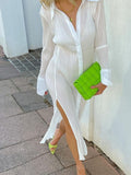 Turn Down Collar  Midi Dress  Folds Split Button Casual  Autumn Long Sleeve Elegant Sexy Vintage Chic White Dress