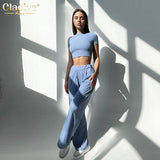 Clacive Bodycon Blue Women Tracksuit Summer Elegant High Wiast Pants Set Female Casual Slim Short Sleeve Crop Top Two Piece Set