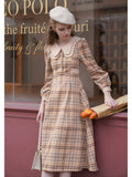 Fall outfits  Fall Winter Wool Dress For Women Vintage Elegant Double-Layer Collar Long Sleeve Plaid Woolen Midi Dress robe argent