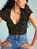 Clacive  New Sexy V-Neck Women's Polka Dot Print Short Blouse Ladies Summer Slim Single-Breasted Short-Sleeved Shirt Tops