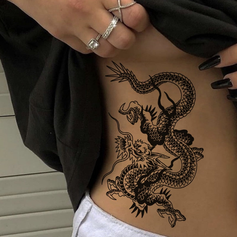 Clacive Waterproof Temporary Tattoo Sticker Japanese Style Black White Flame Dragon Body Art Fake Tattoo Flash Tattoo Arm Female Male