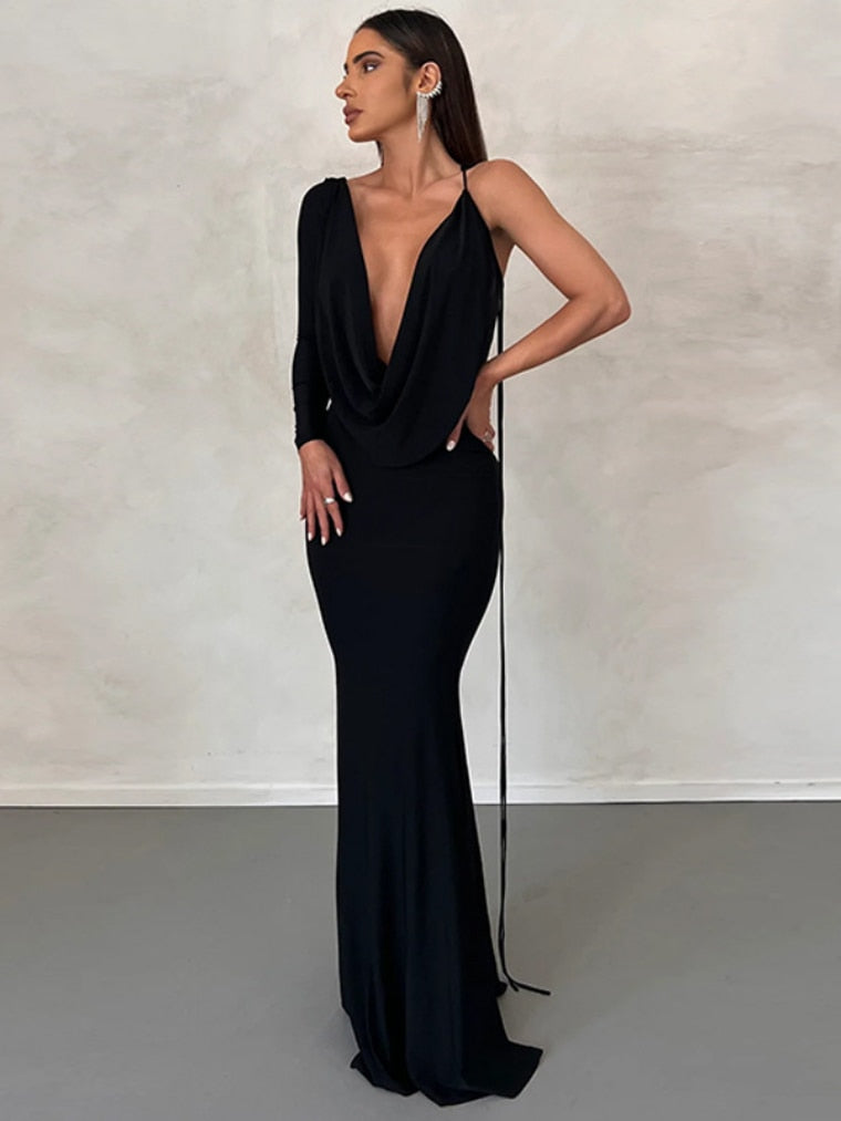 Fall outfits Black Deep V-neck Backless Floor-length Evening Dresses 2023 Summer Fashion Sexy One Shoulder Bodycon Lace-up Party Vestidos