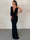 Fall outfits Black Deep V-neck Backless Floor-length Evening Dresses 2023 Summer Fashion Sexy One Shoulder Bodycon Lace-up Party Vestidos