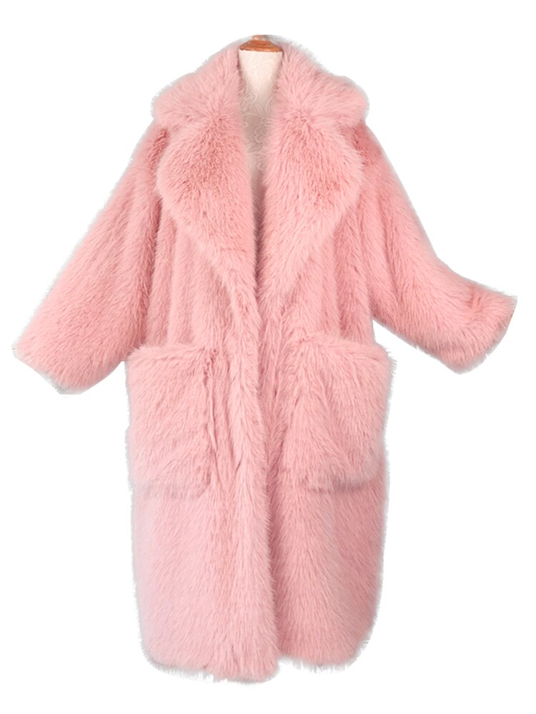 Clacive  Winter Long Oversized Pink Thick Warm Soft Shaggy Fluffy Faux Fur Coat Women Pockets Lapel Loose Sweet Cute Fashion