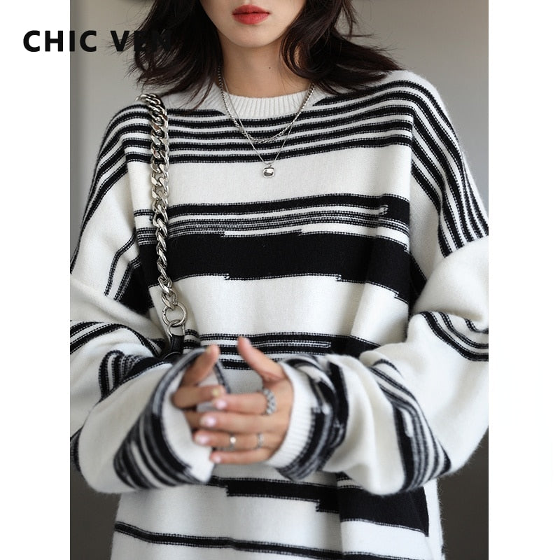 Clacive  Women Sweaters Pullover Streetwear Casual Loose Stripe Women's Jumpers Thick Warm Female Tops Autumn Winter