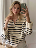 Clacive Striped Chic Sweaters Woman Spring Long Lantern Sleeve V Neck Cotton Pullover Top Female Casual Vintage Jumper Sweater