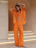 Clacive Fashion Short Sleeve Shirt Set Woman 2 Pieces Summer Casual Orange Pants Set Lady Elegant Loose High Waist Trouser Suits