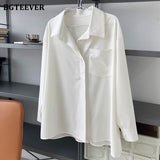 Elegant Turn-Down Collar Ladies Blouses Shirts  Spring Summer Pocket Full Sleeve Single-Breasted Women White Shirts