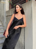 Clacive Sexy Strap V-Neck Summer Dress Ladies Fashion Loose Black Sleeveless Midi Dress Elegant Backless Dresses For Women