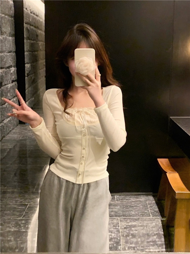 Fall outfits back to school Pure Color Slim Basic T-shirts Woman Long Sleeve Korean Fashion Tops Office Lady Casual Elegant Lace Pullover 2023 Spring Chic