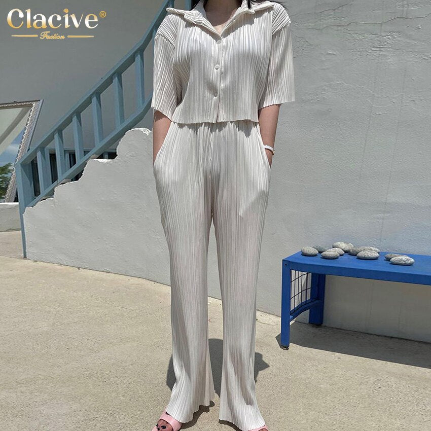 Clacive Summer Short Sleeve Shirts Two Piece Set Women Fashion High Waist White Trouser Suits Female Casual Pleated Pants Set