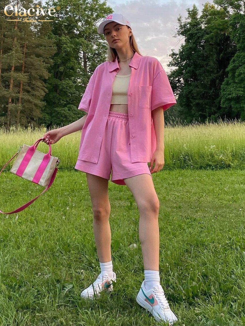Clacive Summer Short Sleeve Shirts Two Piece Sets Womens Fashion Loose High Waist Shorts Set Lady Elegant Pink Suits With Shorts