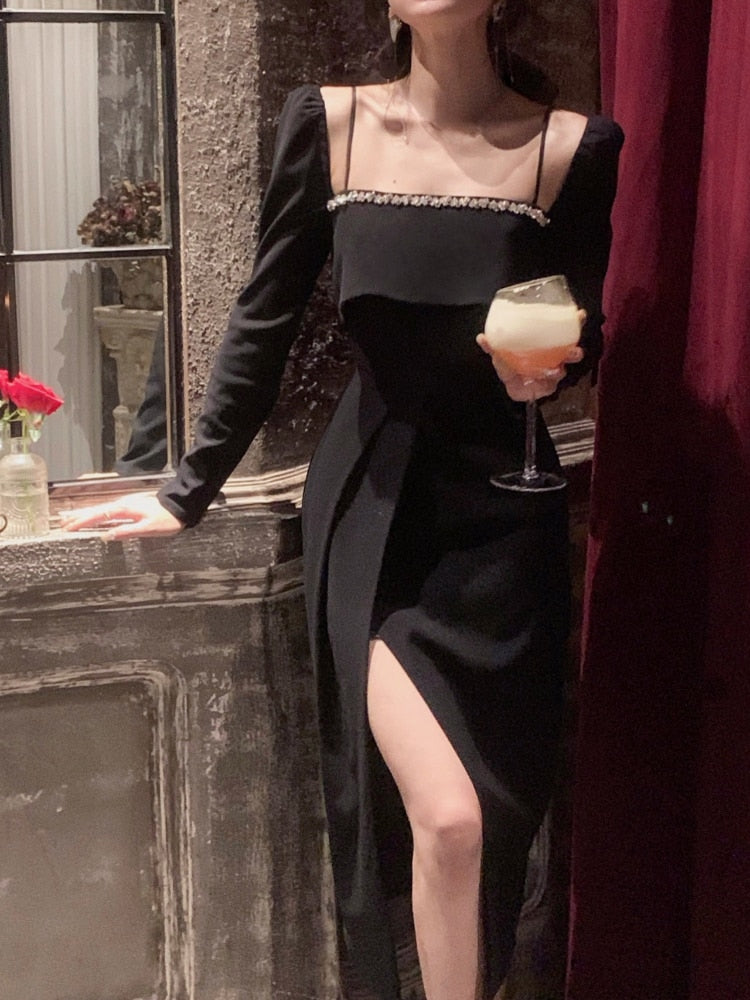 Fall outfits back to school French Elegant Evening Party Dress Woman Vintage Black Midi Dress Long Sleeve Casual Slim Dress Korean Fashion  Autumn Chic