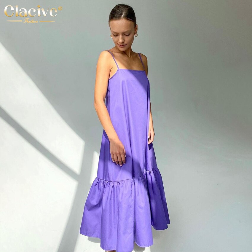 Clacive Casual Loose Spaghetti Strap Midi Dress Ladies Sexy Sleeveless Purple Summer Dress Elegant Drape Dresses For Women