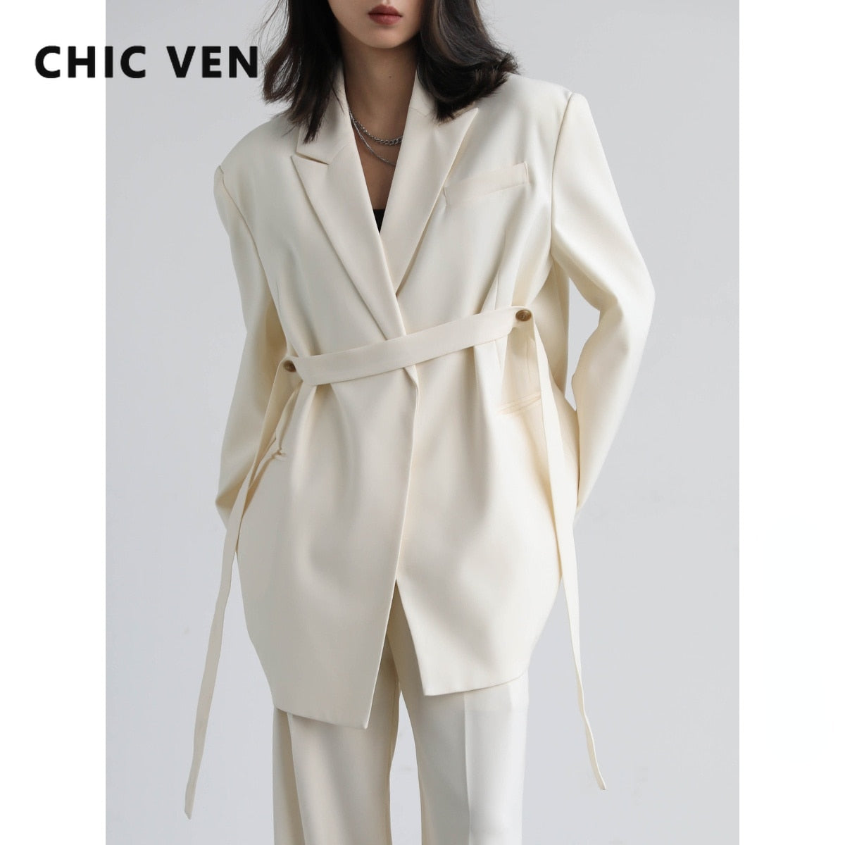 Clacive  Women Blazer Design Wide Shoulder Ribbon Solid Women's Medium Long Coat Office Lady Female Overcoat Spring Autumn