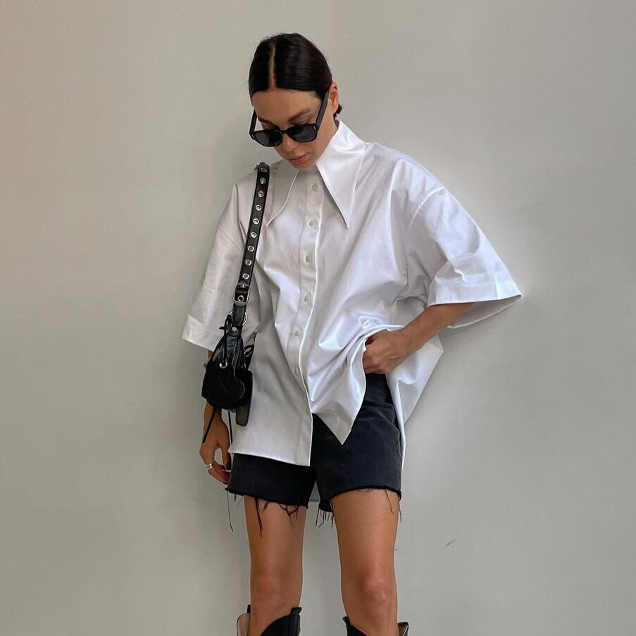 Clacive Summer Turndown Collar Women Shirt Elegant Loose Short Sleeve Fashion Blouse Lady Casual Office White Blouses And Shirts