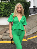 Clacive Sexy Deep V-Neck Puff Sleeve Tops Set Woman 2 Pieces Summer Bodycon Green Pants Set Fashion High Waist Trouser Suits