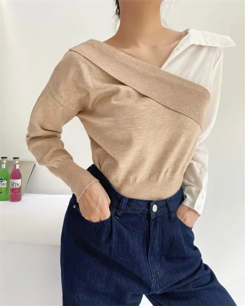 Fall outfits Fashion Knitted Pullover Loose Fake Two Piece Shirt For Women  Patchwork Long Sleeve Casual Blouses Female Autumn Clothing P105
