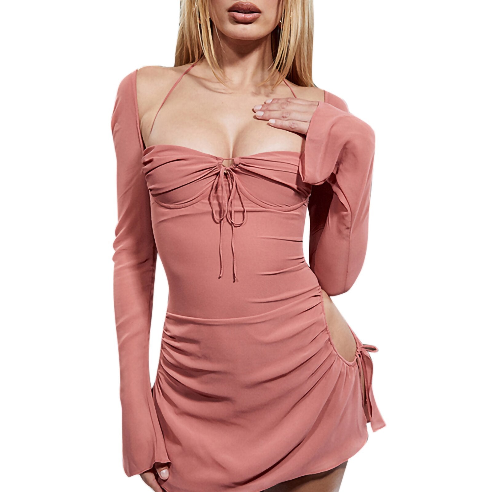 Fall outfits Fashion Women y Halter Bodycon Mini Dress Low Cut Backless Ruched Long Sleeve Summer Dress Tie Up Hollow Out Ruched Dress