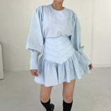 Clacive Spring New Shirts Two-Piece Suits Women Korean Chic Blue Long Sleeve Blouse+ High Waist Ruffle Skirt Sets Woman