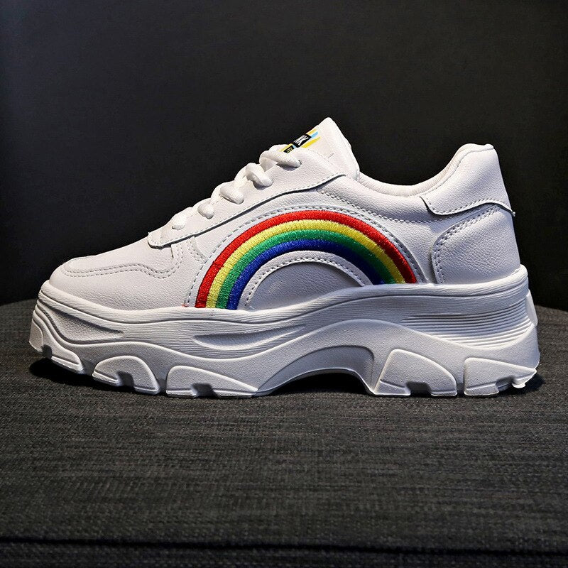 Clacive  Fashion Women Platform Sneakers Dad Shoes Rainbow  Decoration White Large Size 42 Lace-Up Thick Bottom Casual Woman Shoes