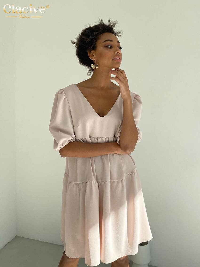 Clacive Casual Loose Apricot V-Neck Women'S Dress  Summer Puff Sleeve Office Mini Dress Lady Elegant Lace-Up Backless Dresse