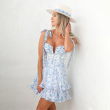 Clacive  Holiday Women Blue Floral Print Sleeveless Ruffled Sexy V-Neck A-Line Dress