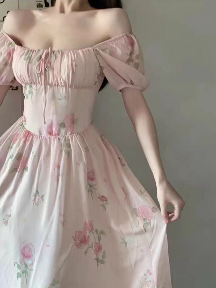Fall outfits back to school 2023 Summer Pink Short Sleeve Floral Midi Dress Woman French Elegant Even Party Dress Beach Casual Korean Fashion Dress Casual