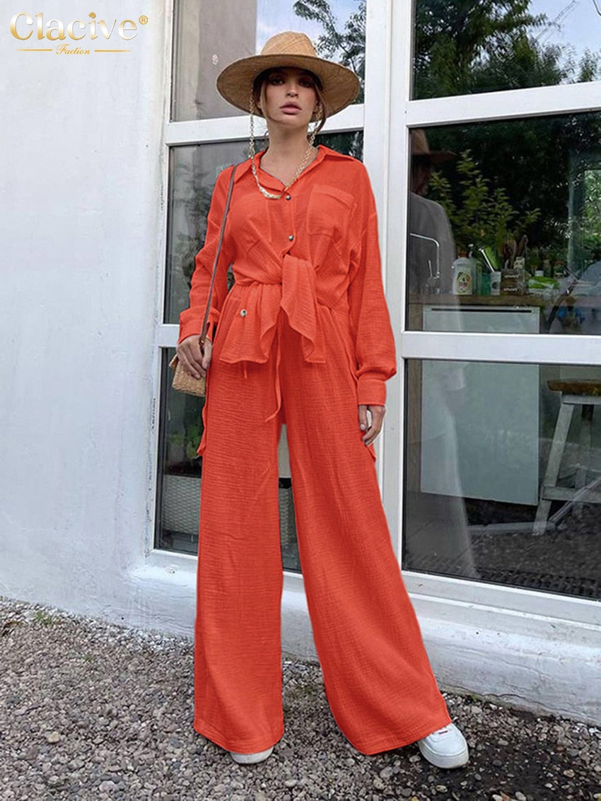 Clacive Casual Loose Pink Two Piece Pants Set Women Fashion Long Sleeve Blouses Matching Wide Trousers Suit Lace-Up Pant Sets