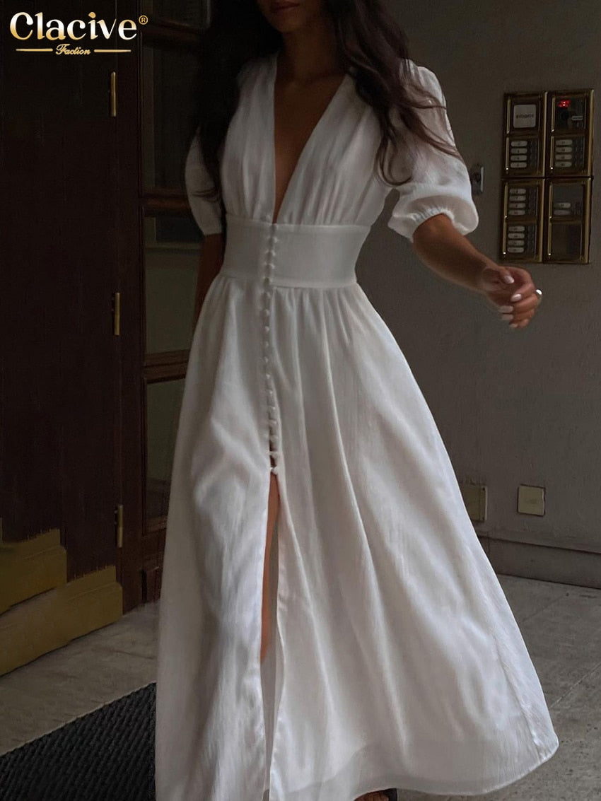 Clacive White Sexy Single-Breasted Women'S Dress  Elegant Short Sleeve V-Neck Party Dresses Lady Casual Slim Midi Dress