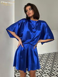 Clacive Casual Blue Satin Elegant Dresses For Women Fashion Short Sleeve Office Summer Dress Ladies Loose Backless Mini Dress